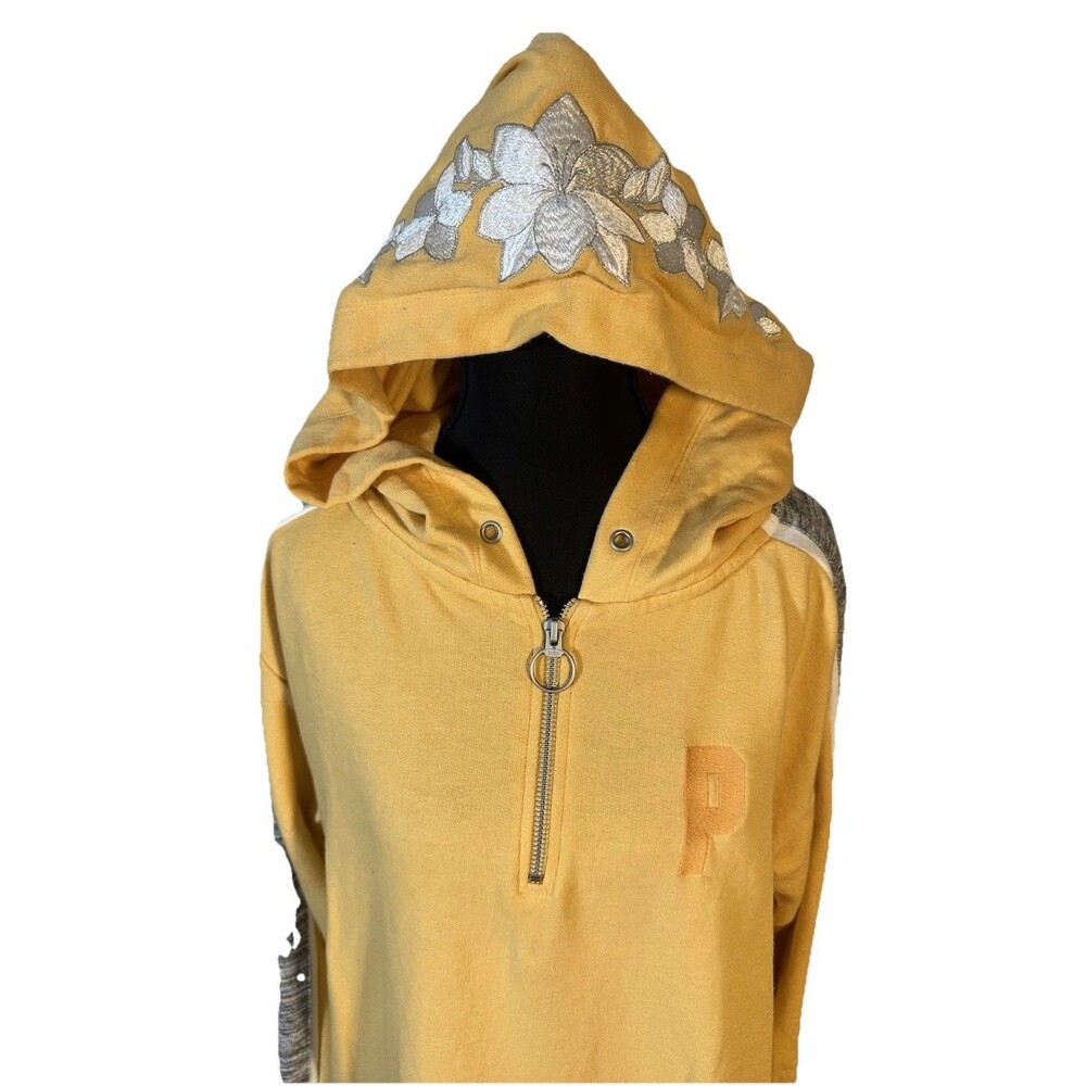 Victorias Secret PINK Half Zip Hoodie Yellow Floral Embroidered Hood Sz S
